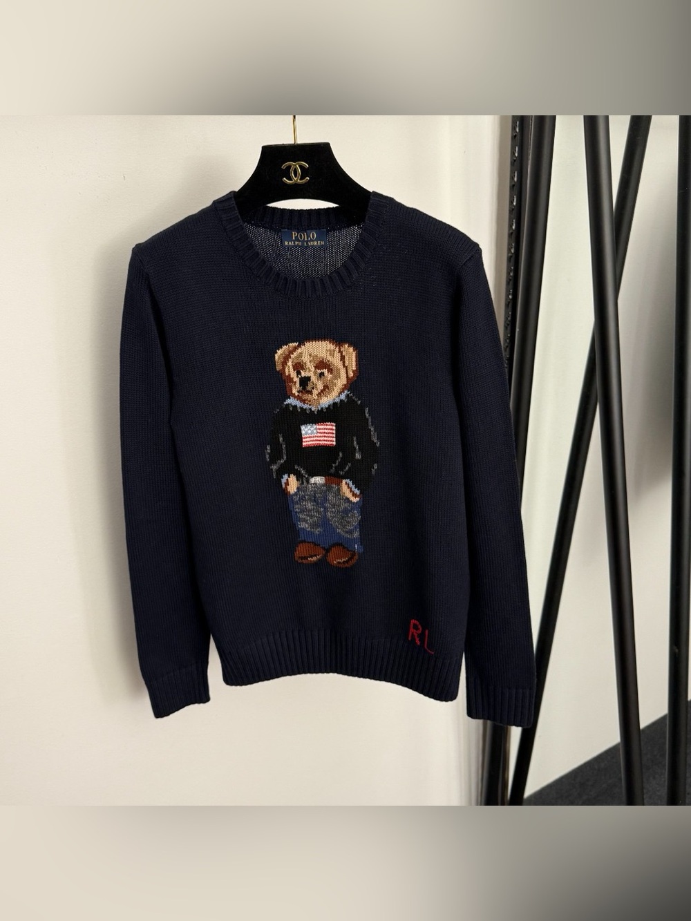 Polo Ralph Lauren Black Crewneck Sweater American Flag Polo Bear Intarsia Knit